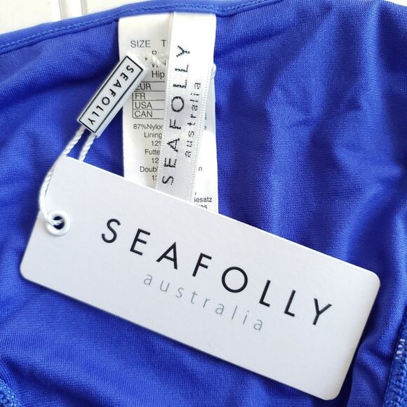 SEAFOLLY Tidal Wave side tie striped swim bikini bottoms in blue wave Size 2 NEW - Picture 4 of 5